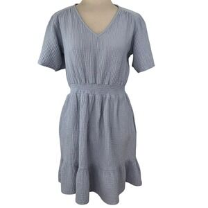 KNOX ROSE Gauze Smocked DRESS S Ruffle Mini Blue Seersucker Beach Cotton